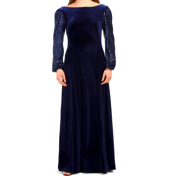 Tahari Dresses & Skirts - Tahari Puff Sleeve Sequined Navy Evening Gown - Size 4